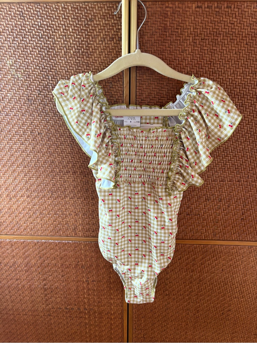 Zara Gingham One-Piece with Cherry Print and Ruffle Shoulders
